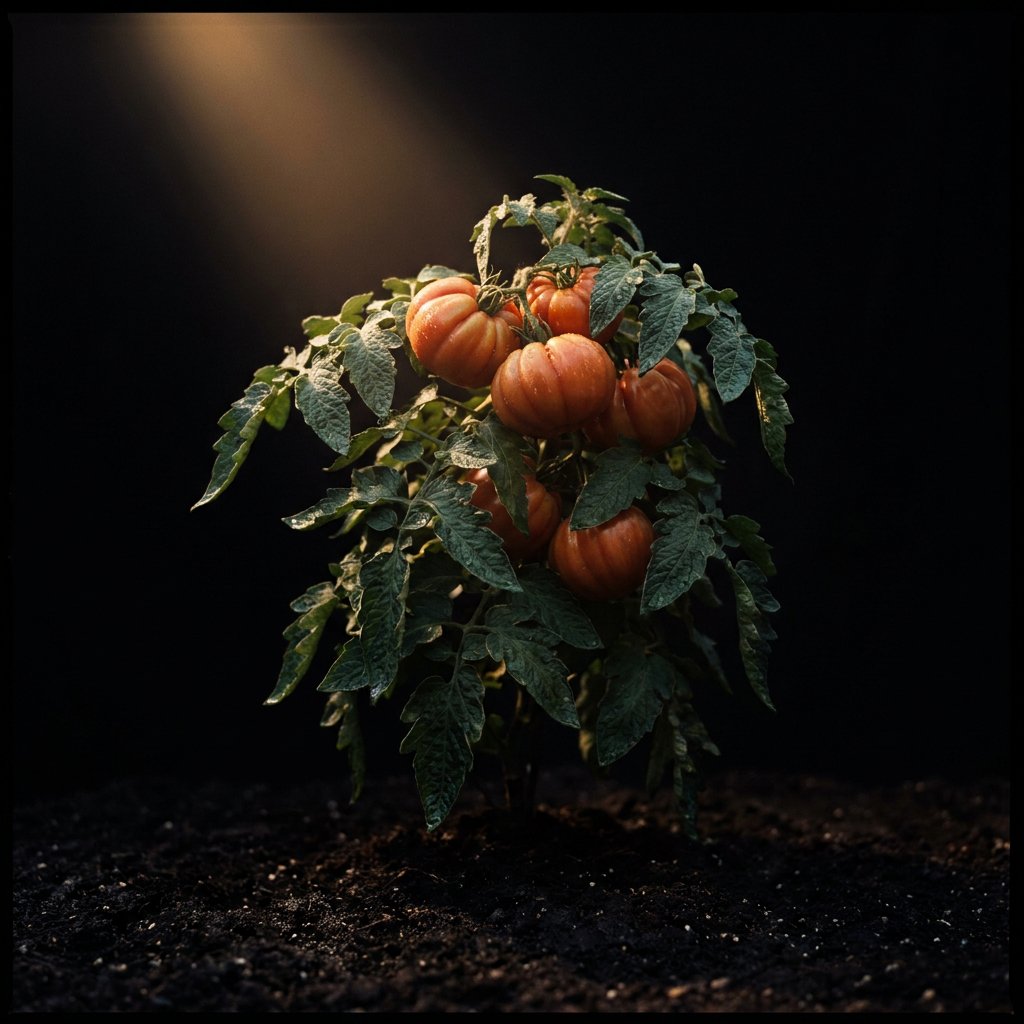 A tomato plant heavy with ribbed Cuore di Bue fruit, lit by one beam of light in the dark.