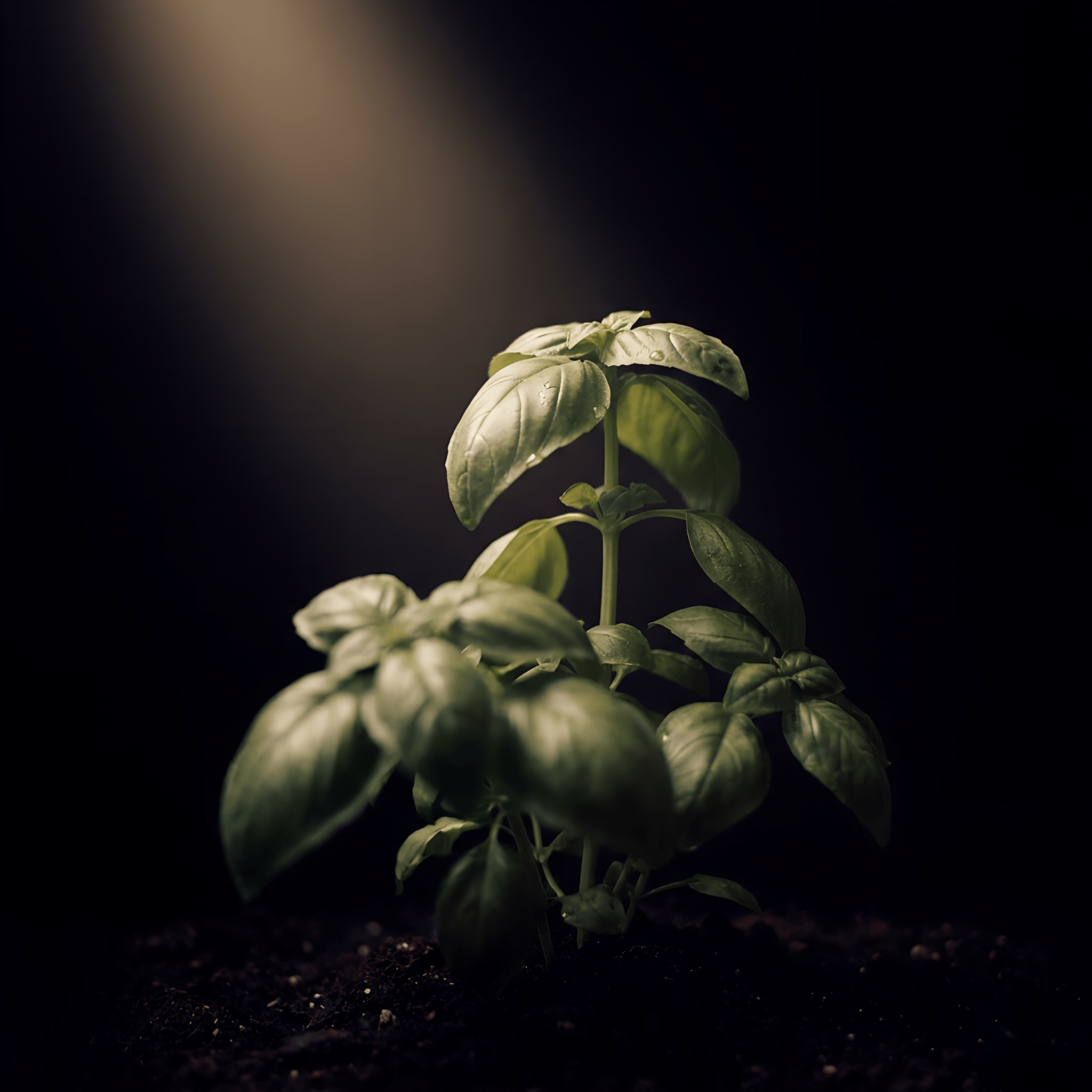 A single basil plant, lit by one beam of light in the dark.