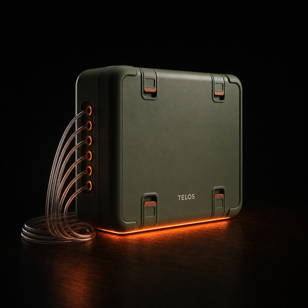 The TELOS Brain — an olive device with a warm light at its base, alone in the dark.