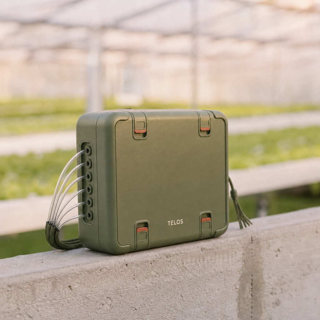 The TELOS Farm device — an olive, ruggedized brain with six sensor leads.