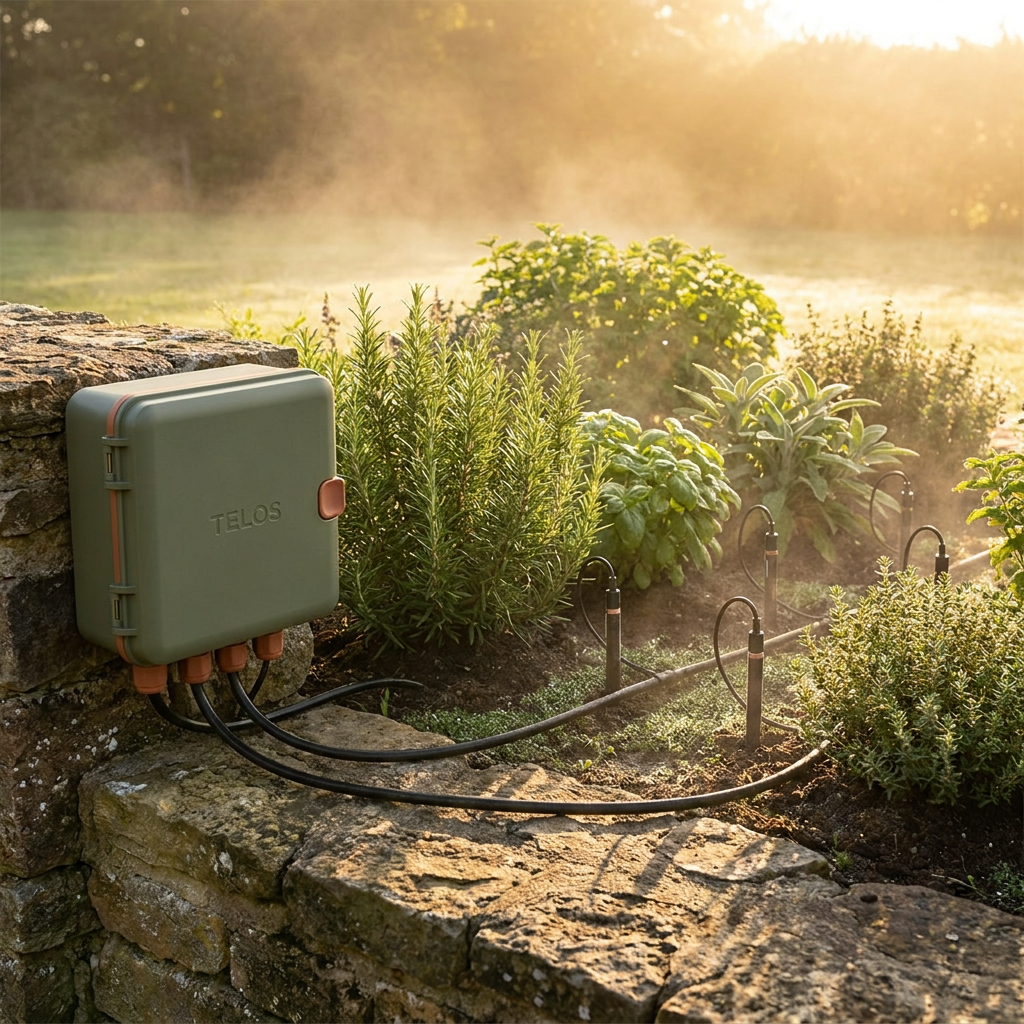 The TELOS Garden device on a stone wall at golden hour, sensor leads running into a sunlit herb bed.
