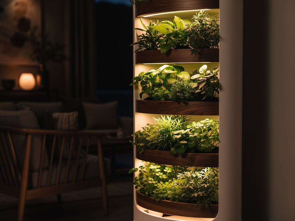 The TELOS Home tower — a glowing column of herbs in a warm living room.